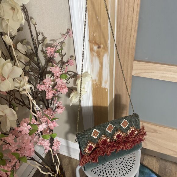 America and Beyond Pineneedle Velvet Flap Clutch Green Handbag Crossbody Clutch - Picture 2 of 8